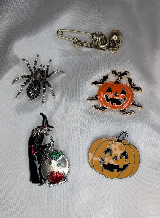 Jewelry - Halloween Brooch Pin Lot 5pc Witch Spider Skeleton Pumpkin Jack O Lantern